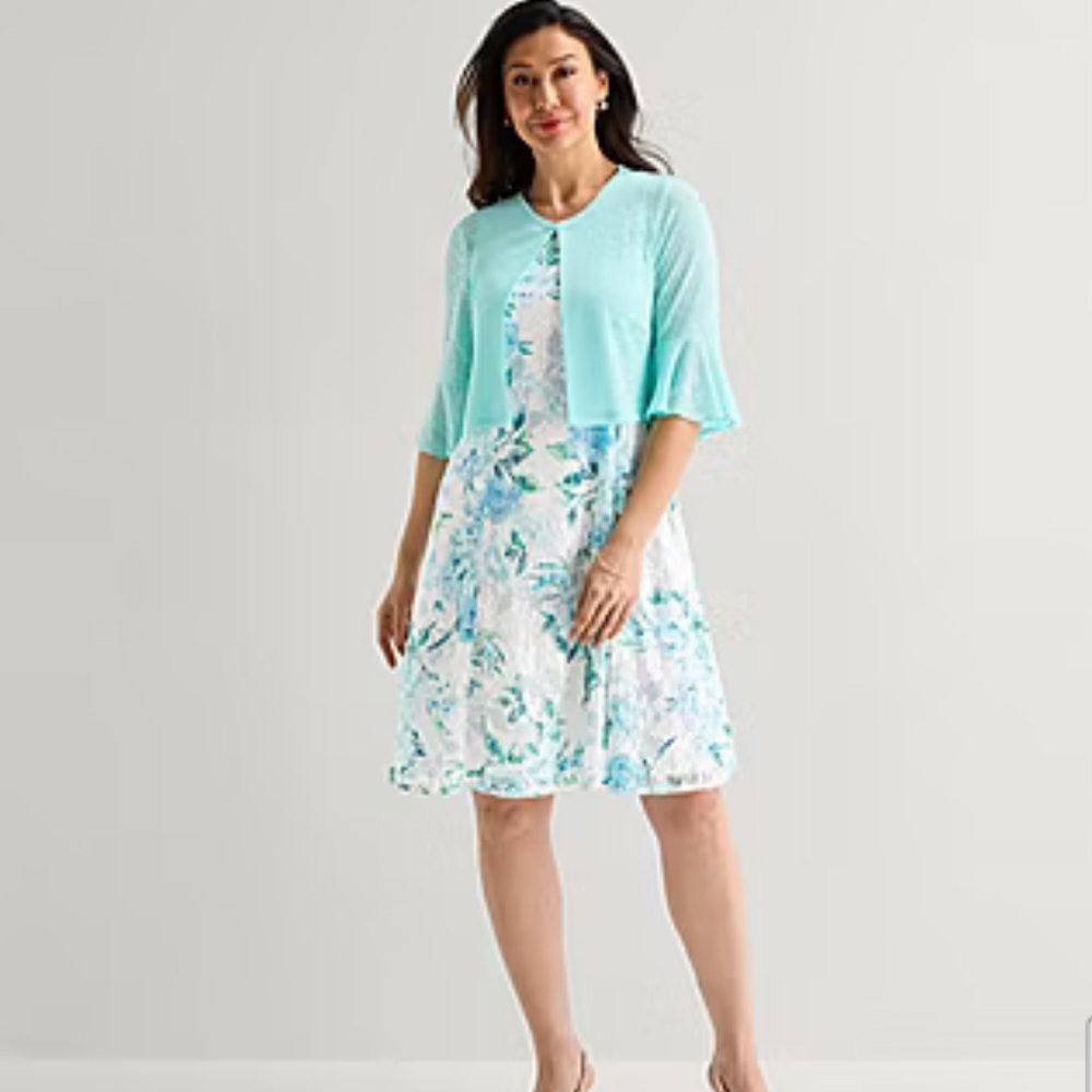 Perceptions Aqua Floral A-Line Dress & Jacket set Sz M NWT